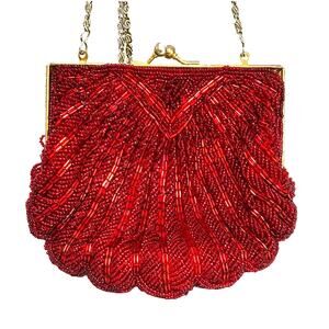 Vintage Red La Regale beaded evening bag converts clutch purse clamshell shape